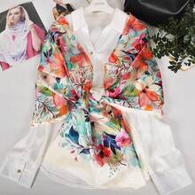 100% Mulberry Silk Scarf For Women Lightweight Long Scarves Beach Wraps Cover Up -Travel Photography Scarfhalloween - 橘色 粉紅色 藍色 花 - 查看 9