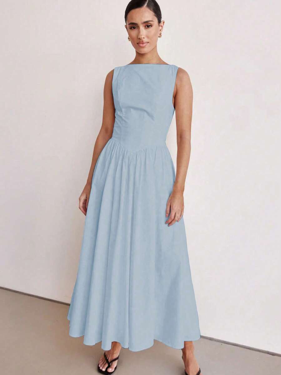 MODA MO, REF: H978 Women's Dress, Long Dress, Sleeveless, Round Neckline, High Waist, Backless, Zipper Dress, Slim Model, A-Line Dress, Elegant, Modern, Light, Comfortable, Versatile, Refined Look, Casual Chic Dress, Event Dress, Sophisticated Look, Summer Dress, Quality Finish, Feminine Style. - 淺藍色 - 查看 1