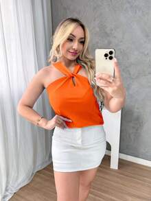 Regata Feminina Gola Nó Elegante e Social Tecido Duna Moda Verão Regatinha Básica - Laranja - Visão 3