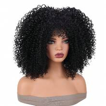 16 Inch Curly Wig Afro Curly Wigs For Women Afro Kinky Curly Wig With Bangs Full And Fluffy Glueless Wigs Synthetic Hair Replacement Wigs For Cosplay And Daily - 黑色 - 查看 3