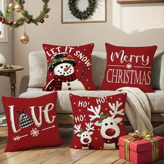 4pcs Christmas Theme Pillow Covers, Merry Christmas Cute Reindeer & Snowman Pattern, Minimalist Peach Velvet Single-Sided Printed Cushion Covers With Zipper Closure, No Pillow Insert Included, Striped Decorative Pillow Covers For Sofa, Bed, Chair, Bedroom, Living Room, Cabin Patio Decor