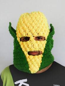 1 Piece Crochet Corn Beanie With Green Leaves & Yellow Corn Pattern - Funny Novelty Masked Hat For Men/Women, Halloween Costume, Winter Headwear, Unique Face Cover