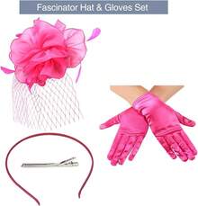 Ibeauti Fascinator Hats With Screentouch Lace Gloves Set Women Tea Party Cocktail Wedding Derby Headwear Short Gloves - 04 Hot Pink 01 - 查看 7