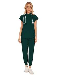 Bộ đồ phẫu thuật thời trang bán sỉ, đồng phục bệnh viện nha khoa, màu trơn, áo choàng phẫu thuật, cổ chữ V có túi, bộ đồ y tế cho nữ, quần jogger, bộ đồ mùa xuân. - Màu xanh lá cây đậm - Xem 3