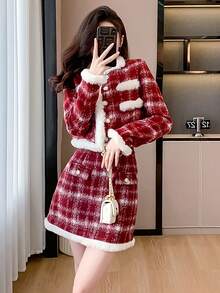 RUIWY 2 件套节日派对女士服装：格子图案夹克和修身迷你裙，温暖时尚，适合春季和冬季 - 紅色 - 查看 7