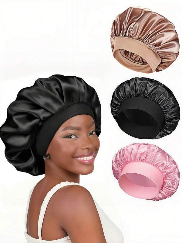 2 Pieces Satin Bonnet, Silk Hair Bonnet, Jumbo Sleep Cap, Satin Bonnet With Elastic Tie Band For Women
