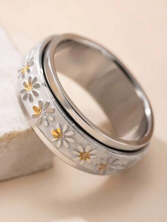 1pc Stainless Steel Daisy Flower Spin Ring, Stress Relief Design, Suitable For Men And Women, Daily Wear, Valentine's Day Gift