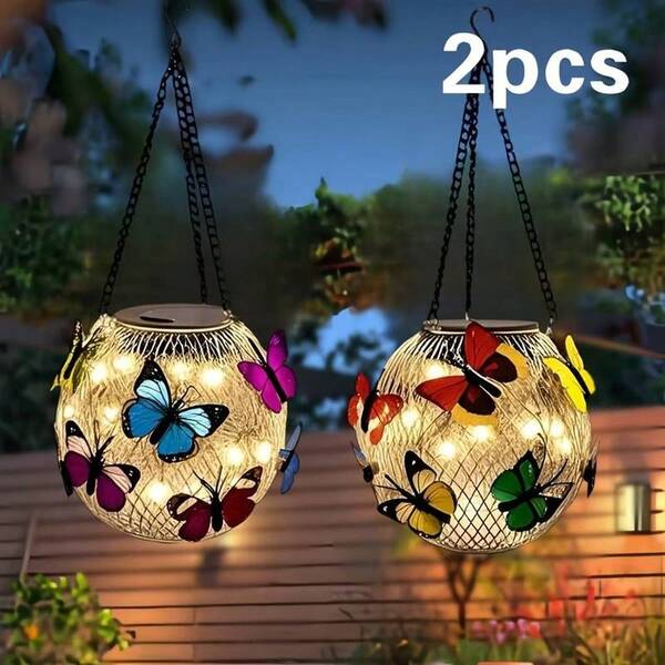 2pcs Solar-Powered Butterfly Lanterns - Vibrant Metal Hanging Outdoor Lights With Colorful Butterfly Designs, Perfect For Fences, Porches, Walls, Gardens, And Yard Decor - Ideal Holiday Gift For Family And Friends, Solar Outdoor Decorations