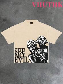 VHUTHK (220 Pure Cotton T-Shirt)  SEE NO   Printed Casual Pure Cotton Print For Men's Summer Round Neck Short Sleeved Shirt - Beige - View 1