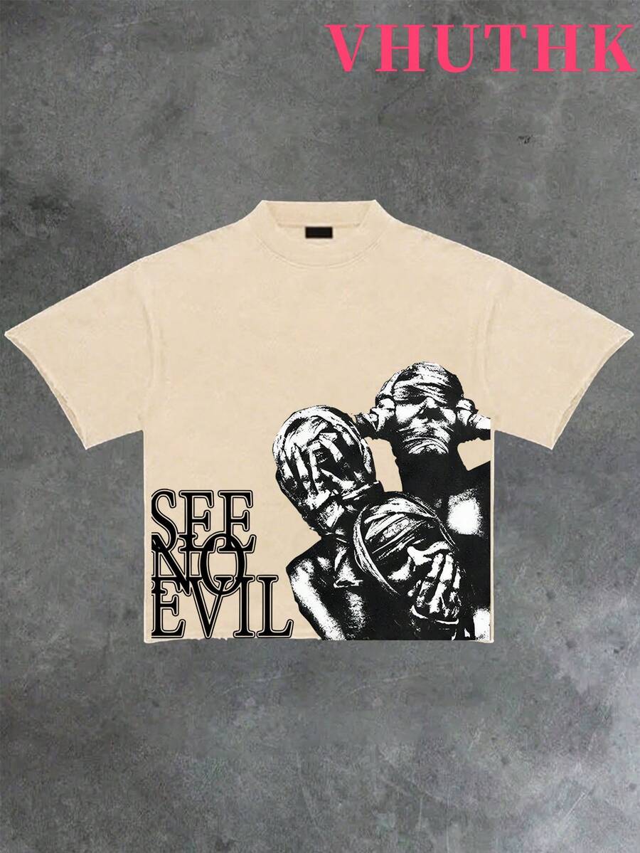 VHUTHK (220 Pure Cotton T-Shirt)  SEE NO   Printed Casual Pure Cotton Print For Men's Summer Round Neck Short Sleeved Shirt - Beige - View 1