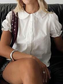 Women's Preppy Short Sleeve Blouse, Peter Pan Collar Button Down Shirt For Office Work, Casual Commute  College Outfits, Summer Top - 白色 - 查看 3