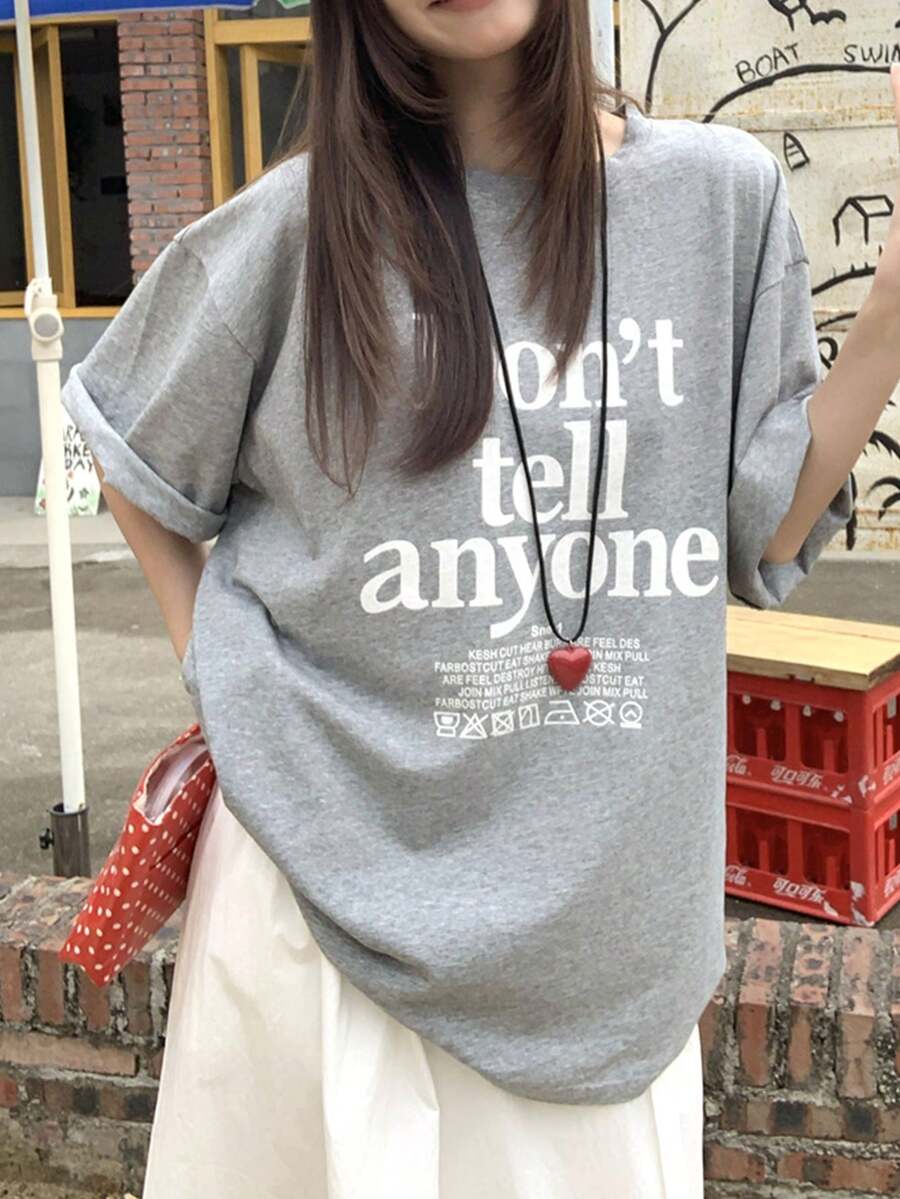 宽松圆领字母印花休闲时尚短袖T恤，女式美式上衣 - 灰色 - 查看 1