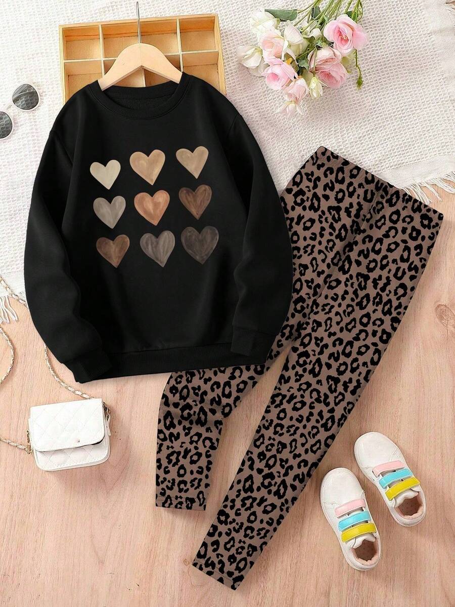 Tween Girls Vintage Heart Print Sweatshirt And Leopard Print Pants Casual Outfit - Black - View 1