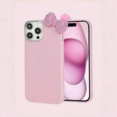 极简奢华粉色新奇蝴蝶结装饰手机壳两件套（手机壳+蝴蝶结装饰）优雅粉色水钻蝴蝶结保护套时尚配饰甜美风格防震防滑防刮兼容 17/17 Pro/17 Pro Max生日礼物周年纪念婚礼派对复活节春季礼物，国际版，非国内版
