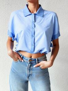 Blusa corta para mujer estilo colegial, tela chiffon azul claro con cuadros pequeños, corte holgado, cuello camisero, manga corta, primavera/verano, uso diario - Azul - Ver 1