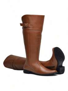 Women's Leather Over-The-Knee Riding Boot, Low Heel, High Shaft, Calf Adjustment With Elastic, Long Shaft Boot - 棕色 - 查看 2