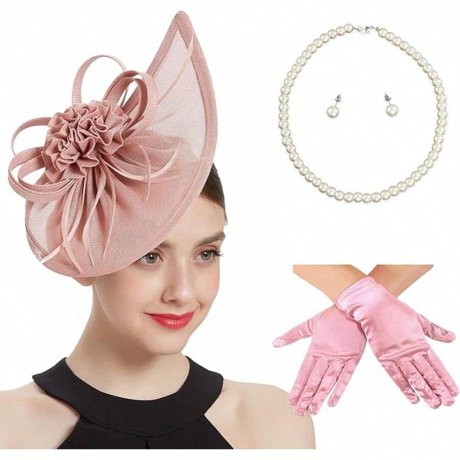 Ibeauti Fascinator Hats With Screentouch Lace Gloves Set Women Tea Party Cocktail Wedding Derby Headwear Short Gloves - 05粉色 - 查看 1