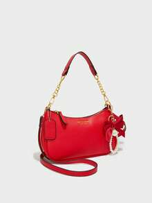 时尚新款经典女士单肩包，采用多功能PU防水面料，红色蝴蝶结吊坠，字母装饰设计。这是一款女士单肩包和腋下包，非常适合购物、通勤、外出、聚会或赠送亲朋好友。 - 紅色 - 查看 2
