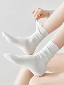 5/10 Pairs Women's Solid Color Wide Mouth Comfortable Simple Maternity Socks, Moisture-Wicking, Quick-Drying, Breathable Mid-Calf Socks Christmas Gift - White - View 3