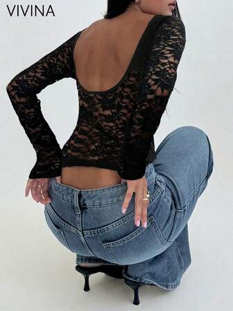 ملابس علوية تريكو أنيق بأكمام طويلة وياقة طاقم من فيفينا، مصنوع من قماش الدانتيل والتصميم البسيط الأنيق، مناسب للحفلات والمناسبات الخاصة في فصل الخريف