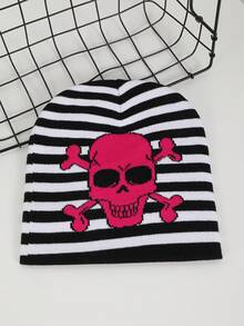 1pc Women's Jacquard Striped Skull Pattern Knit Beanie Hat, Warm & Casual For Halloween Party