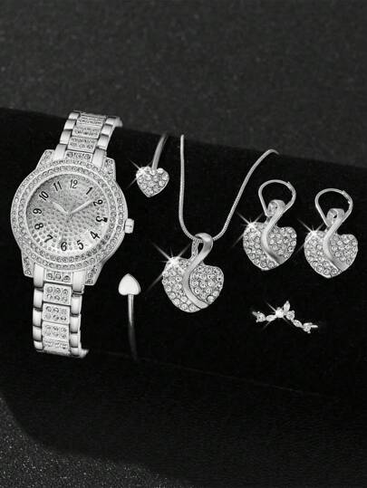 6件套女士银合金表带首饰套装，奢华经典数字刻度圆形表盘石英表，包含手链、项链、戒指和耳环，适合日常佩戴，是送给朋友或母亲的完美礼物。