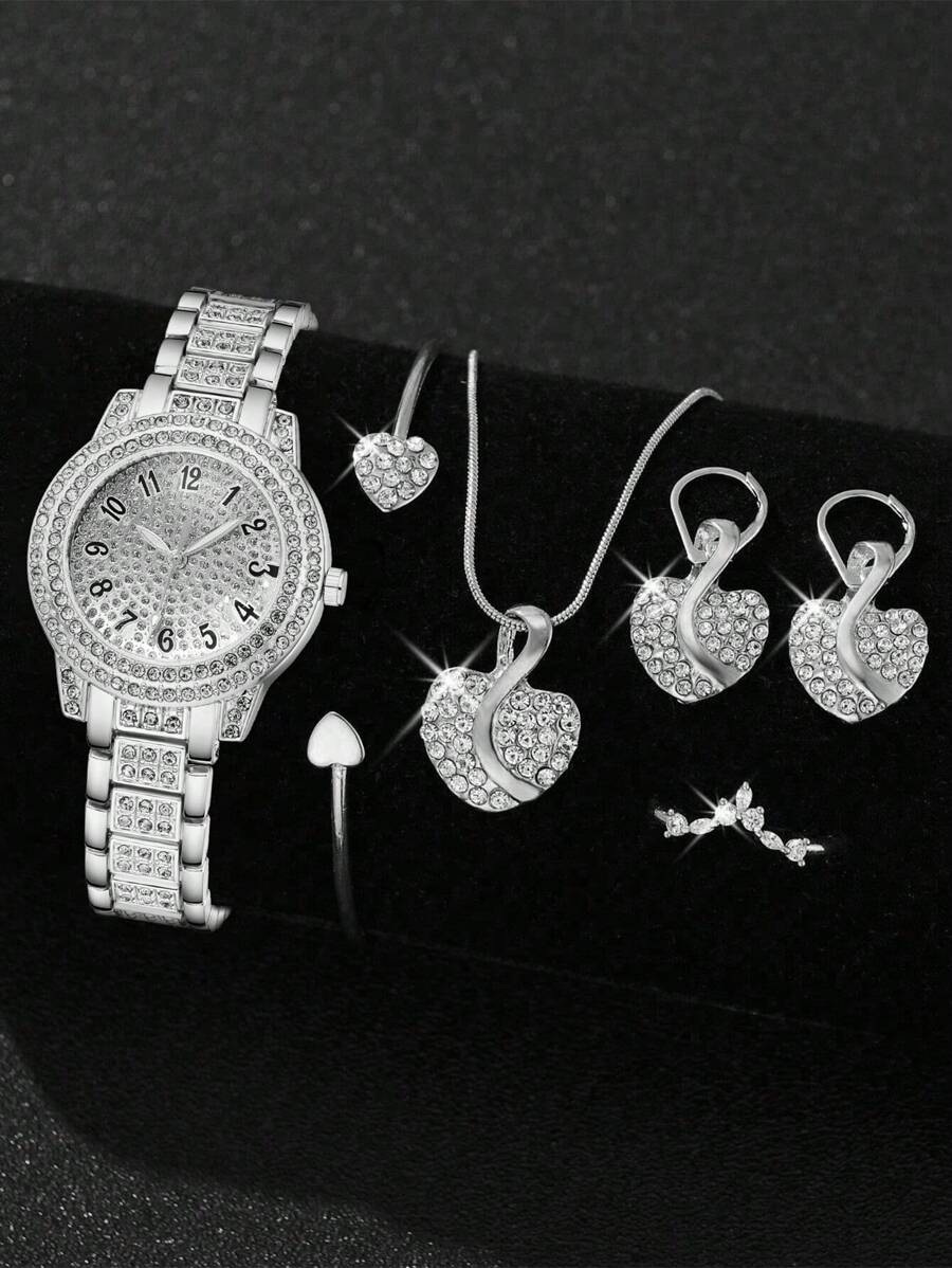 6件套女士银合金表带首饰套装，奢华经典数字刻度圆形表盘石英表，包含手链、项链、戒指和耳环，适合日常佩戴，是送给朋友或母亲的完美礼物。