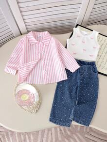 Set de 3 piezas de ropa para niñas pequeñas, con blusa perlada elegante, chaleco bordado con lazo y pantalones de mezclilla, para primavera/otoño - Púrpura malva - Ver 1
