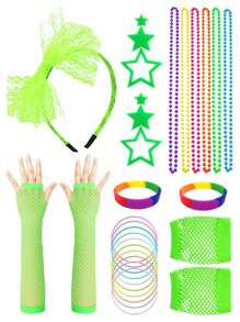 D EXCEED 4/5 pièces Ensemble d'accessoires rétro néon des années 80 pour femmes, collier de perles à tenue rétro, serre-tête à nœud en dentelle, gants résille, lunettes de soleil à stores vénitiens, boucles d'oreilles éclair, essentiels pour fête rétro Halloween