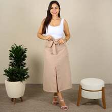 Saia Midi Linho Elegante Com Cinto Fenda Frontal Bolso Alta Tendencia QUEIMA ESTOQUE