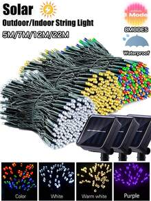 Solar LED String Lights For Outdoor Garden Decoration, Solar Fairy Lights 5m/7m/12m/22m & 20/50/100/200 LEDs,Waterproof IP65 With Twinkling 8 Lighting Modes,Solar-Powered Light String With Light Sensor Control For Christmas ,Party ,Halloween, Camping , Wedding, Plant Pot, Garden Decorations (White/Multicolor/Warm White/Purple)