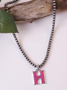 1pc Western Country Style Vintage Textured CCB Multicolor Leopard Print Black & White Plaid 26 Letter Minimalist Pendant Necklace, Sweater Chain