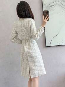 RUIWY 女士春夏长袖休闲串珠优雅格子收腰修身杏色连衣裙