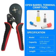 手动压接工具，适用于套圈端子 HSC8 6-4A/6-6A/16-6 套圈压接钳，电气连接器套件，线径 0.25-10mm² 23-7AWG
