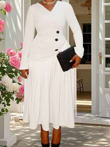 Women's Plus Size Midi Dress Long Sleeve V Neck Button Front Dress Long Flowy Dress - trắng - Xem 3