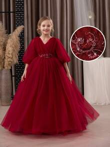 Tween Girl Burgundy Lace Embroidered Bow Mesh Elegant Party Princess Dress, Suitable For Girls' Birthday Party, Banquet, Formal Occasion, Prom, Wedding, Flower Girl