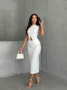 WOMEN'S WHITE OTTOBAN FABRIC SLIT SKIRT - BUTTONED BLOUSE SET, TOP AND BOTTOM Two Pieces SET - White - View 5