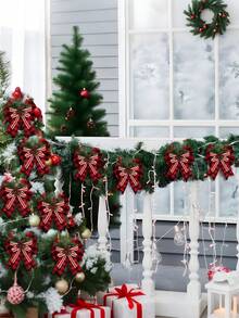 6 piezas Lazos de arpillera a cuadros de Navidad con piñas y agujas de pino, grandes lazos de decoración navideña a cuadros búfalo, lazo de corona de Navidad a cuadros búfalo para manualidades navideñas, decoración del hogar, fiesta, árbol, interior y exterior (rojo y negro)