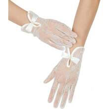 Local Shipping 2025 New  Short Lace Mesh Gloves Tulle Border With Pearls Wedding Opera Tea Party Gloves For Women Formal - Ivory-4 - View 2