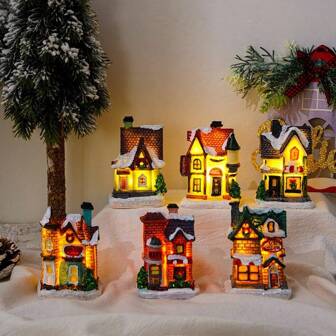 1pc Christmas Decor Resin Christmas Small House Micro Landscape Luminous Snow House Ornament,Christmas