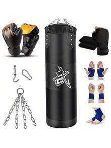 Punching Bag For Adults Unfilled Heavy Punching Bag, Boxing Bag Set With Punching Gloves, Wraps, Chain, Ceiling Hook For MMA Kickboxing Boxing Karate Muay Thai Taekwondo - 黑色 - 查看 1