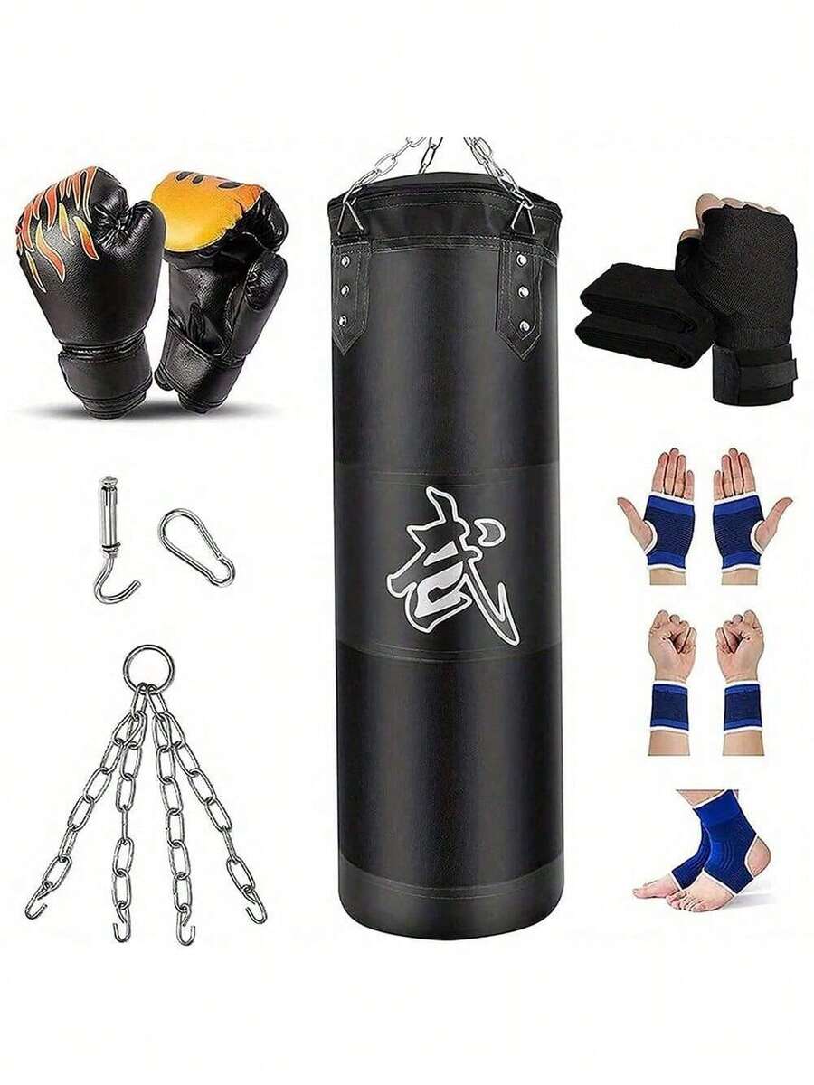 Punching Bag For Adults Unfilled Heavy Punching Bag, Boxing Bag Set With Punching Gloves, Wraps, Chain, Ceiling Hook For MMA Kickboxing Boxing Karate Muay Thai Taekwondo - 黑色 - 查看 1