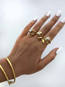 Frminee 1Pc/3pcs夏季简约时尚金银色钢球开口戒指18K镀金女士不锈钢戒指适合日常佩戴度假旅行海边等防水高品质戒指 - 彩色 - 查看 6