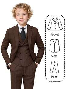 男童三件套羊毛西装，幼儿礼服，花童服，婚礼西装外套、马甲和裤子，儿童正装，深棕色，秋冬季尺码 6-14 岁 - 巧克力棕 - 查看 1