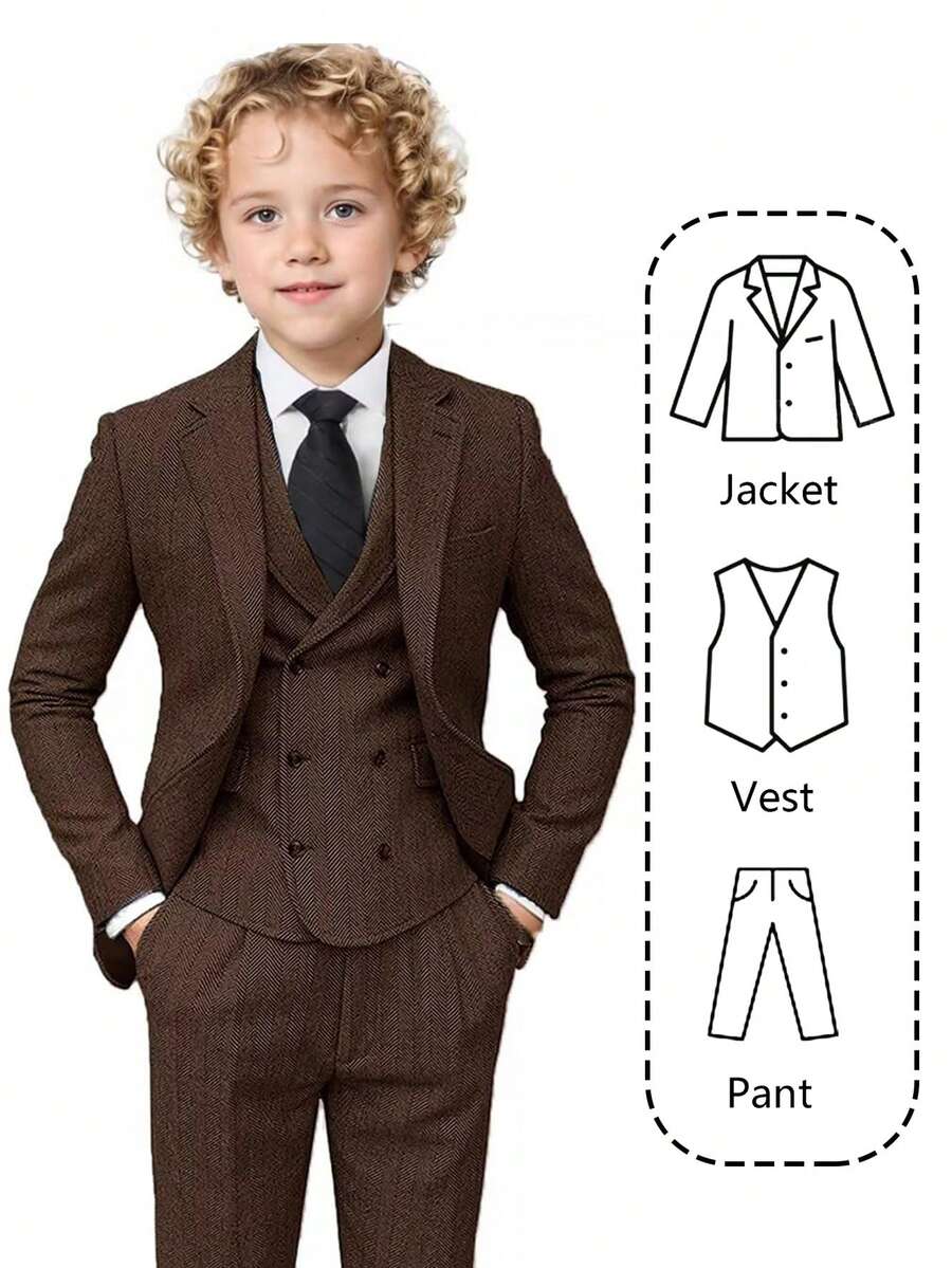 男童三件套羊毛西装，幼儿礼服，花童服，婚礼西装外套、马甲和裤子，儿童正装，深棕色，秋冬季尺码 6-14 岁 - 巧克力棕 - 查看 1
