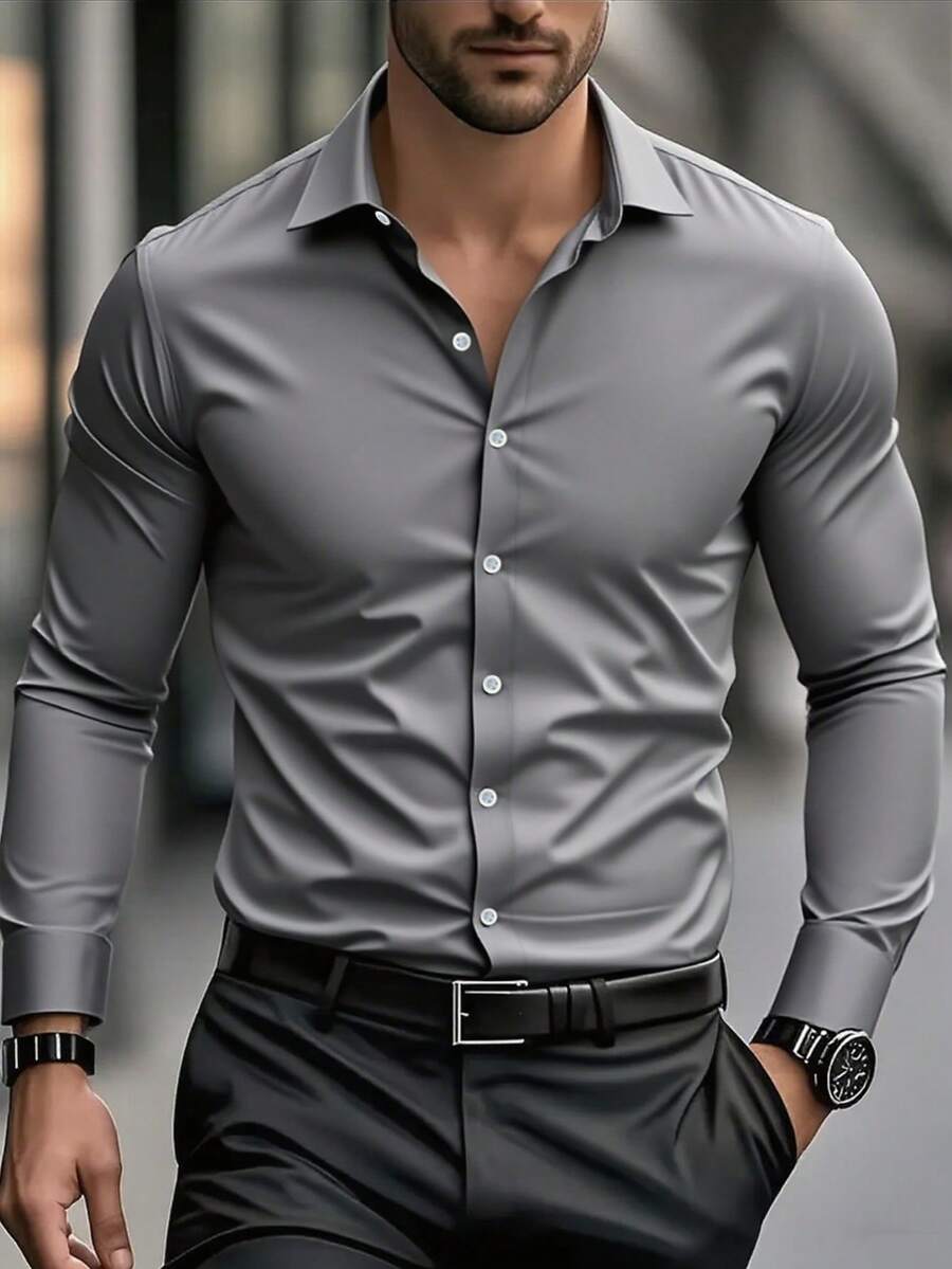 Men's Solid Color Formal Dress Shirt With Button Design, Long Sleeve, Solid Color, Business Formal Style, Fall