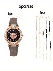 6 bucăți ceasuri rotunde cu cuarț - curea elegantă din piele PU, indicator din aliaj de zinc, cadran din aliaj de zinc și brățară bijuterii pentru femei