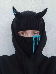 Mặt nạ che kín mặt hình sừng quỷ đan len màu đỏ, mũ trùm đầu móc len thời trang, mũ đội đầu ấm áp mùa đông, phụ kiện cosplay độc đáo, bảo vệ khỏi cái lạnh dành cho cả nam và nữ. - A - Xem 5