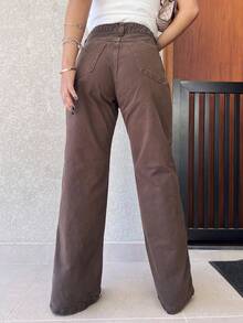 Pants/Wide Leg/Jeans/High Waist Women's Jeans Without Lycra - Màu nâu Sô-cô-la - Xem 2