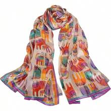 100% Mulberry Silk Scarf For Women Lightweight Long Scarves Beach Wraps Cover Up -Travel Photography Scarfhalloween - 米色橙貓 - 查看 1